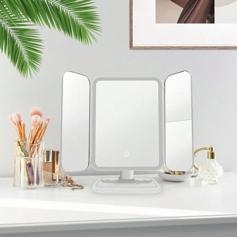 Miroir De Maquillage Led Pliable En Trois Avec Boîte De Rangement, Miroir D'outil Cosmétique À L'éclairage Pour La Coiffeuse De