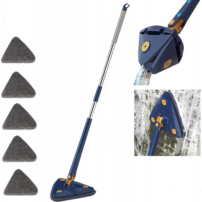 Triangle Mop Réglable Rotatif à 360°, Balai Serpillere Nettoyage Triangle , Mop Humide et Sec avec 5 Chiffons pour Fenêtres,