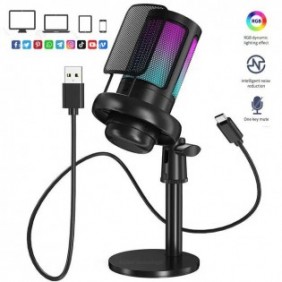 Microphone RVB à condensateur USB Compatible avec Windows/Mac/Android/iOS/